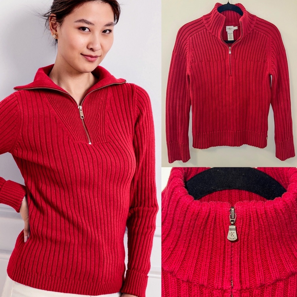 100% cotton Y2K Calvin Klein jeans Red quarter Zip Sweater